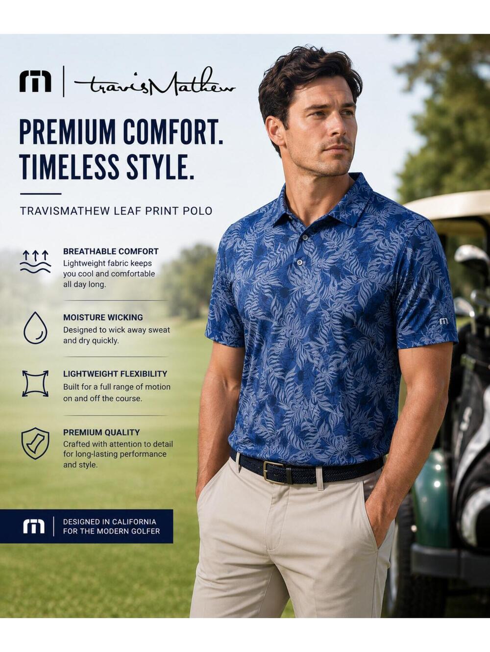 TravisMathew Men’s 2XL Blue Leaf Print Performance Golf Polo